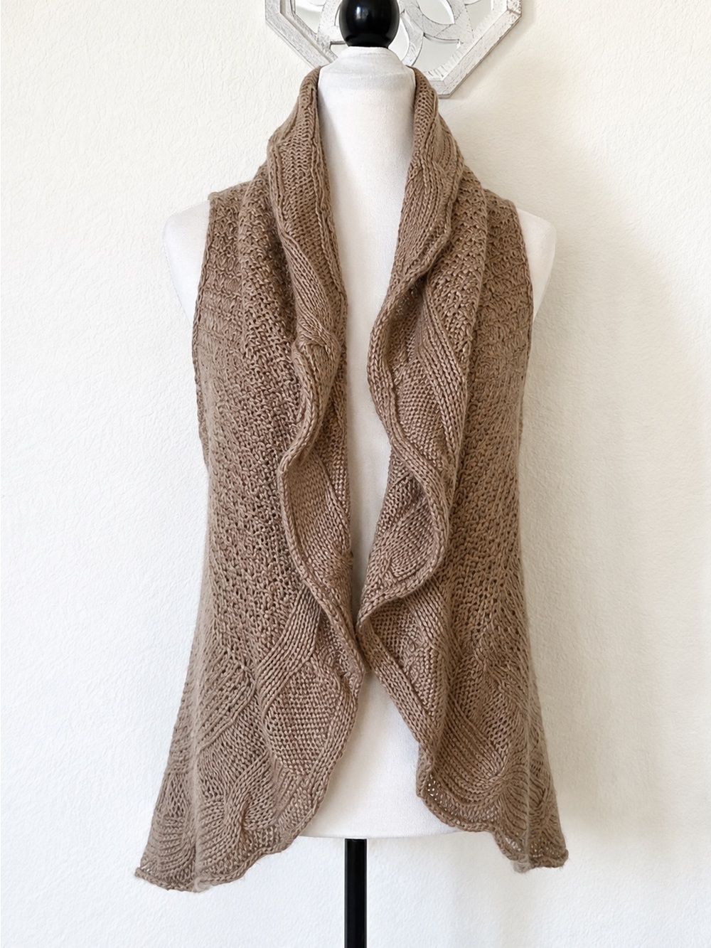 Entro • Taupe Cable Knit Draped Collar Open Front Sweater Vest